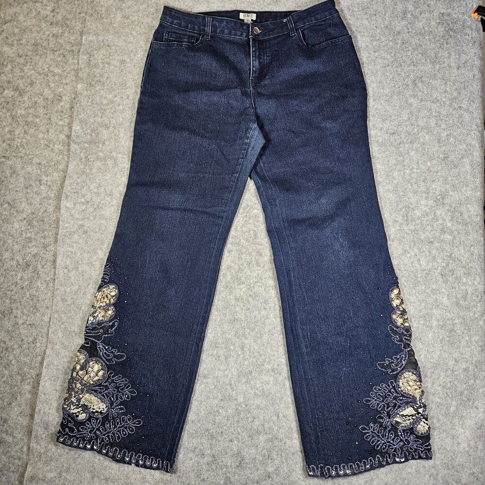 Monroe & Main Womens Embroidered Beaded Faux Snakeskin Bootcut Leg Jeans Sz 12